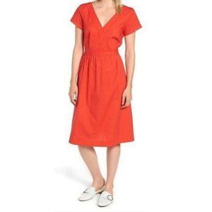 J. Crew Red Cotton V Neck Faux Wrap Poplin Midi Dress Size 2